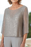 Grigio Chiffon Girocollo 2 Pezzi Madre della Sposa Pantalone Abiti con Perline
