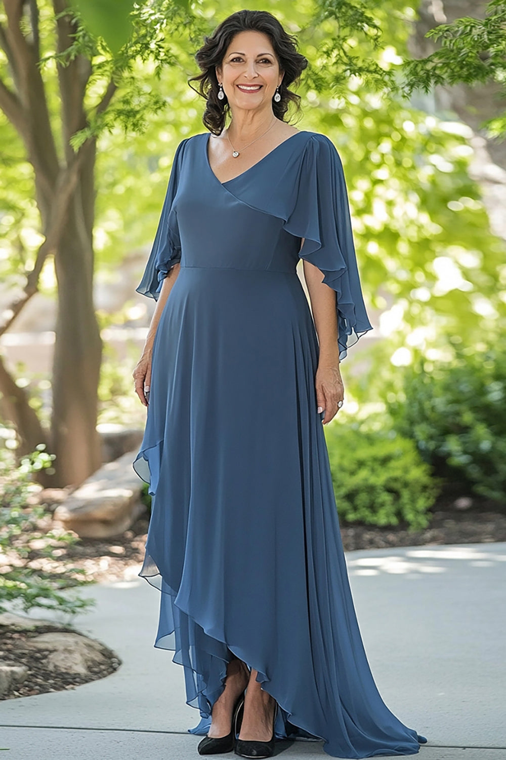 Dusty Blue Chiffon con scollo a V A-Line lungo madre del vestito da sposa