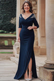 Navy Mermaid scollo a V raso mezze maniche lungo madre dell'abito da sposa con fessura