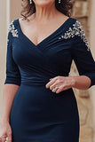 Navy Mermaid scollo a V raso mezze maniche lungo madre dell'abito da sposa con fessura