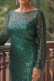 Paillettes Verdi Guaina Girocollo Maniche Lunghe Abito Lungo Madre della Sposa
