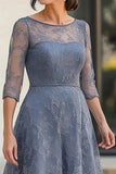 Dusty Blue Lace A-Line mezze maniche Tea Length Madre del vestito da sposa