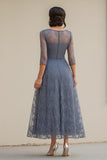 Dusty Blue Lace A-Line mezze maniche Tea Length Madre del vestito da sposa
