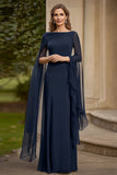 Navy chiffon una linea madre di abito da sposa con maniche svolazzanti