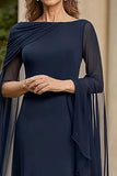 Navy chiffon una linea madre di abito da sposa con maniche svolazzanti