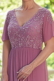 Chiffon Dusty Rose con scollo a V madre dell'abito da sposa con mezze maniche