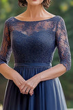Elegante pizzo blu navy una linea madre dell'abito da sposa con maniche a 3/4