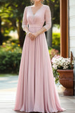 Rosa elegante pizzo chiffon madre della sposa abito con maniche a 3/4