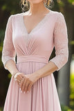 Rosa elegante pizzo chiffon madre della sposa abito con maniche a 3/4