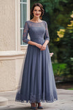 Dusty Blue Lace 3/4 Maniche Madre Dell'abito Da Sposa con Pizzo