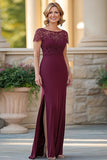 Elegante Borgogna Aderente Pizzo Appliques Madre Del Vestito Da Sposa Con Fessura