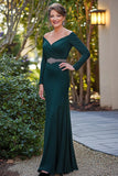 Elegante Verde Scuro Scollo A V Manica Lunga Madre Del Vestito Da Sposa Withe Perline