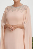 Maniche svolazzanti albicocca chiffon colonna scollo rotondo madre del vestito da sposa con perline