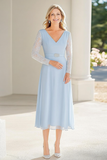 Pizzo Chiffon Cielo Azzurro A Line V Scollo Tea Lunghezza Madre del Vestito Da Sposa con Cintura