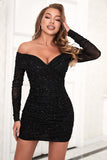 Sparkly nero scollo a V Bodycon maniche lunghe Homecoming Dress con perline