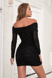 Sparkly nero scollo a V Bodycon maniche lunghe Homecoming Dress con perline