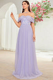 Off The Shoulder Grigio Viola Floreale Abito Lungo da cerimonia