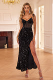 Nero Mermaid Corsetto Spaghetti Straps Paillettes Abito Lungo da cerimonia