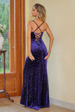 Plum Spaghetti Straps Mermaid Velluto Corsetto Lungo Abito Formale