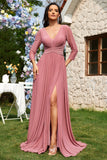 Dusty Rose A-Line Abito da cerimonia lungo in chiffon con scollo a V