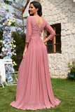 Dusty Rose A-Line Abito da cerimonia lungo in chiffon con scollo a V