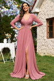 Dusty Rose A-Line Abito da cerimonia lungo in chiffon con scollo a V