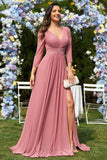 Dusty Rose A-Line Abito da cerimonia lungo in chiffon con scollo a V