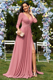 Dusty Rose A-Line Abito da cerimonia lungo in chiffon con scollo a V