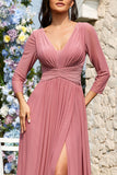 Dusty Rose A-Line Abito da cerimonia lungo in chiffon con scollo a V