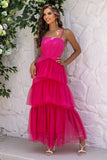 Fucsia Spaghetti Straps A-Line Tulle Tiered Corsetto Lungo Corsetto Abito Formale