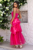 Fucsia Spaghetti Straps A-Line Tulle Tiered Corsetto Lungo Corsetto Abito Formale