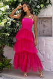 Fucsia Spaghetti Straps A-Line Tulle Tiered Corsetto Lungo Corsetto Abito Formale