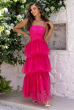 Fucsia Spaghetti Straps A-Line Tulle Tiered Corsetto Lungo Corsetto Abito Formale