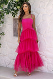 Fucsia Spaghetti Straps A-Line Tulle Tiered Corsetto Lungo Corsetto Abito Formale