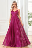 Scintillante fucsia A-Line Spaghetti Straps plissettato lungo abito formale