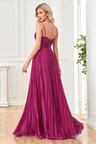 Scintillante fucsia A-Line Spaghetti Straps plissettato lungo abito formale