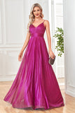 Scintillante fucsia A-Line Spaghetti Straps plissettato lungo abito formale