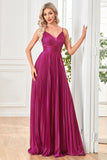Scintillante fucsia A-Line Spaghetti Straps plissettato lungo abito formale
