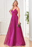 Scintillante fucsia A-Line Spaghetti Straps plissettato lungo abito formale