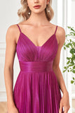 Scintillante fucsia A-Line Spaghetti Straps plissettato lungo abito formale