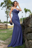 Scintillante Navy Mermaid Spaghetti Straps Corsetto increspato Abito formale con fessura