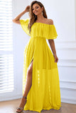 Giallo A-Line Off the Spalla volant Abito lungo formale con fessura