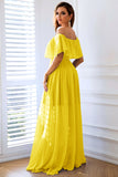 Giallo A-Line Off the Spalla volant Abito lungo formale con fessura