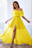 Giallo A-Line Off the Spalla volant Abito lungo formale con fessura