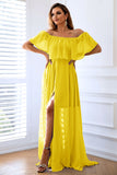 Giallo A-Line Off the Spalla volant Abito lungo formale con fessura