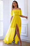 Giallo A-Line Off the Spalla volant Abito lungo formale con fessura