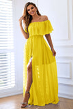 Giallo A-Line Off the Spalla volant Abito lungo formale con fessura