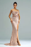 Albicocca sirena senza spalline paillettes Split Prom Dress