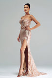 Albicocca sirena senza spalline paillettes Split Prom Dress