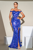 Blue Mermaid paillettes scintillanti Off The Shoulder Abito da cerimonia con fessura